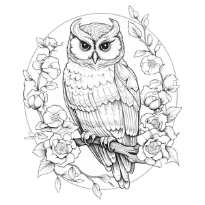 Artistic owl and flower sketch wall sticker in minimalist black and white circular design