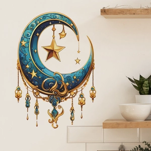 Detailed blue moon and gold stars wall decal on a textured white brick background