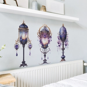 Detail of vintage purple chandelier wall stickers with fantasy floral and jewel elements