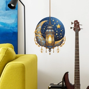 Goldener Mond und Laterne Wandtattoo mit Sternenhimmel-Hintergrund für Hausdeko
