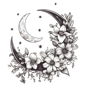 Minimalist black and white moon wall sticker with floral patterns and star elements