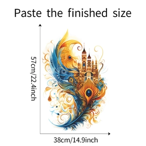 Sticker mural plume et château montrant les dimensions finies de 57cm par 38cm