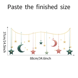 Dimensions diagram of star and moon wall stickers showing finished size 88cm by 37cm