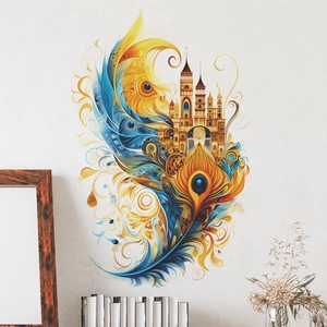 Sticker mural artistique château et plumes bleu et doré pour la décoration de la maison