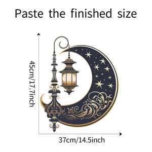 Detailed size guide for moon and hanging star wall stickers in blue and gold tones