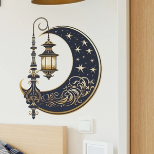 Golden crescent moon and vintage lantern wall decal with stars for home bedroom decor
