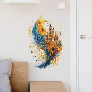 Sticker mural artistique avec plume et château pour décor de chambre élégant