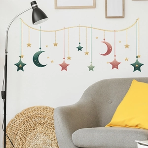 Star and moon themed wall stickers with hanging line design for bedroom home decoration