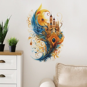 Sticker mural artistique avec plumes et château bleu foncé et doré pour décoration de salon