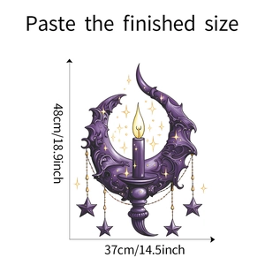 Detailed dimensions of moon and candle wall decal measuring 48cm by 37cm in height