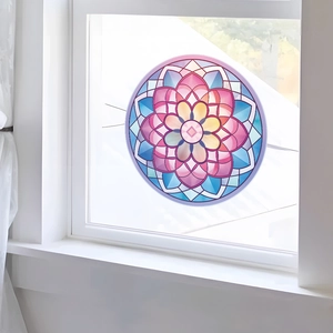 Detailed close-up of a colorful mandala window film with floral stained glass patterns