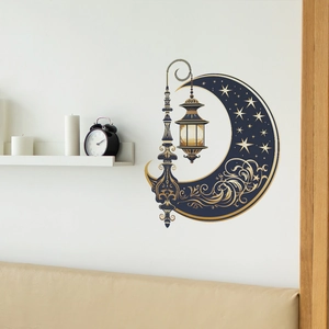 Blue and gold Ramadan moon wall sticker with lantern and stars on a white wall