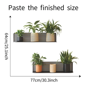 Detail of 3D artificial plant wall stickers showing 64x77cm size and shelf design