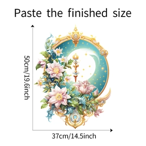 Macro view of floral crescent moon wall decal with detailed 50cm by 37cm size dimensions