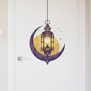Detailed wall sticker featuring a purple crescent moon with a hanging lantern for Ramadan