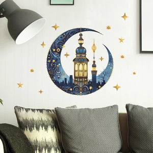 Blue crescent moon wall sticker with golden mosque and stars for Ramadan decor
