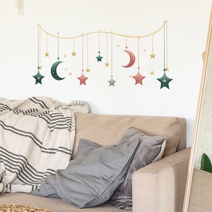 Minimalist stars and moon wall stickers with green and pink hanging ribbon design