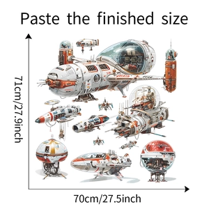 Sci-fi spaceship wall sticker layout with precise dimensions 70x71cm for bedroom decor