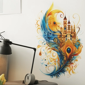 Sticker mural château plume de paon aux motifs bleu et or pour décoration d'intérieur