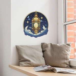 Detailed view of Islamic moon and gold lantern wall sticker in cozy bedroom setting