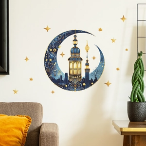 Blue crescent moon wall sticker with mosque motif and gold stars for Ramadan decor