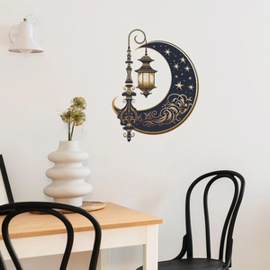 Detailed blue moon and lantern wall decal featuring intricate gold floral patterns