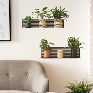Modern black metal wall shelves with 3D potted plants for minimalist home decor
