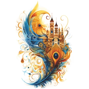 Sticker mural artistique avec plumes de paon bleues et motif château doré