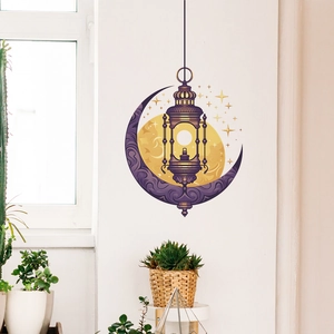 Purple hollow moon wall sticker with vintage lanterns and golden stars for home decor