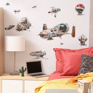 Detail of sci-fi spaceship wall decals applied to a bedroom wall for room decor