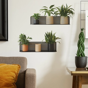 Modern black metal wall mounted plant shelves with realistic 3D greenery for living room decor