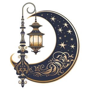 Detailed blue crescent moon and golden ornate lantern sticker for Ramadan decoration