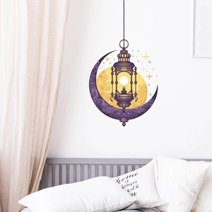 Middle Eastern style purple moon wall sticker with golden lamp for bedroom home decor