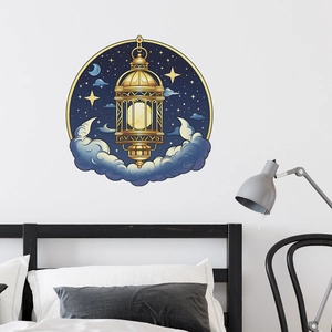 Celestial star and moon wall decal with golden lantern for bedroom wall decor