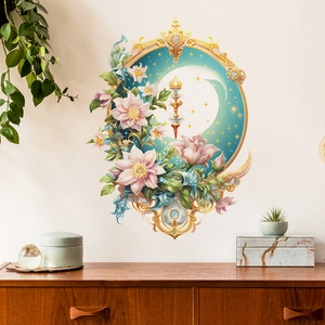 Dreamy Baroque Flower Moon Star Wall Sticker PVC Self Adhesive Magic Wand Floral Decal For Bedroom Living Room Decor