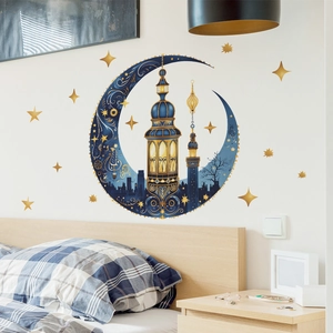 Bedroom wall decor with blue crescent moon, lantern silhouettes and golden star stickers