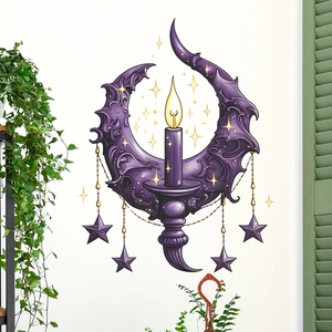 Gothic purple moon candle wall decal with golden tassels for home decor on white wall