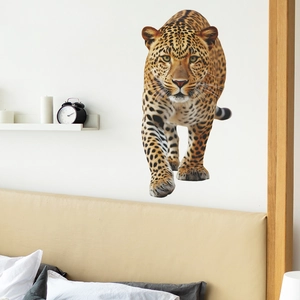 3D realistic leopard wall sticker in a modern bedroom setting for home wall decoration