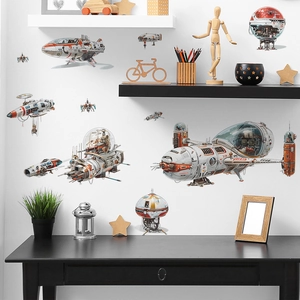 Sci-Fi Spaceship Mecha Wall Stickers PVC Self Adhesive Spaceship Space Station Decals For Kids Bedroom Home Decor
