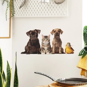 Detail of cute cat and dog wall stickers showing realistic fur textures on a white wall