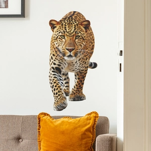 3D realistic leopard wall sticker walking on white wall above a sofa for home decor