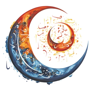 Stereoscopic moon wall sticker with orange fire and blue water motifs and Arabic calligraphy
