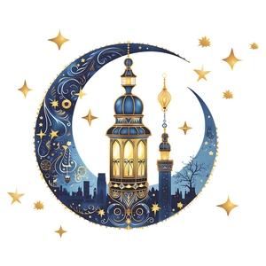 Deep blue and gold Ramadan wall sticker featuring a crescent moon and Arabic lantern