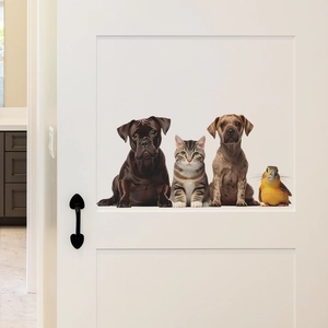 Cute cartoon cat and dog wall sticker on a white wooden door for home bedroom decor
