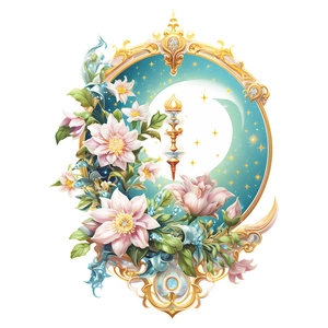 Romantic floral wall sticker with golden wand and moon star pattern for home decor