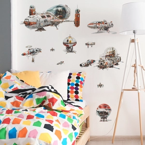 Sci-fi spaceship wall decals with retro-futuristic robot shuttle designs for kids rooms