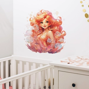 Cartoon mermaid wall decal for kids bedroom with colorful coral and bubbles decor