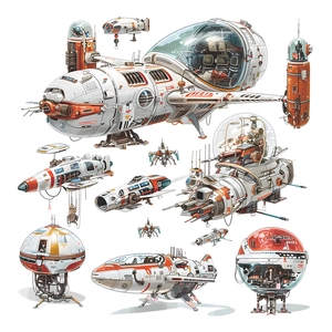 Cartoon sci-fi spaceship and mechanical armor wall stickers for kids' bedroom decor