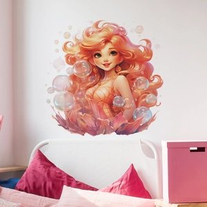 Cartoon mermaid princess wall sticker for kids bedroom with orange hair and colorful bubbles