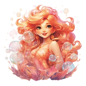 3D cartoon mermaid wall sticker with red hair and rainbow bubbles for kids' room